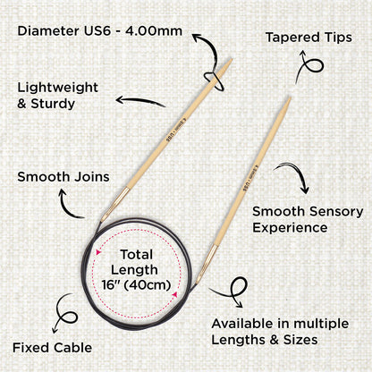 KnitPro bamboo fixed circular knitting needle with black nylon cable, 40cm, 4mm