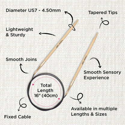 KnitPro bamboo fixed circular knitting needle with black nylon cable, 40cm, 4.5mm