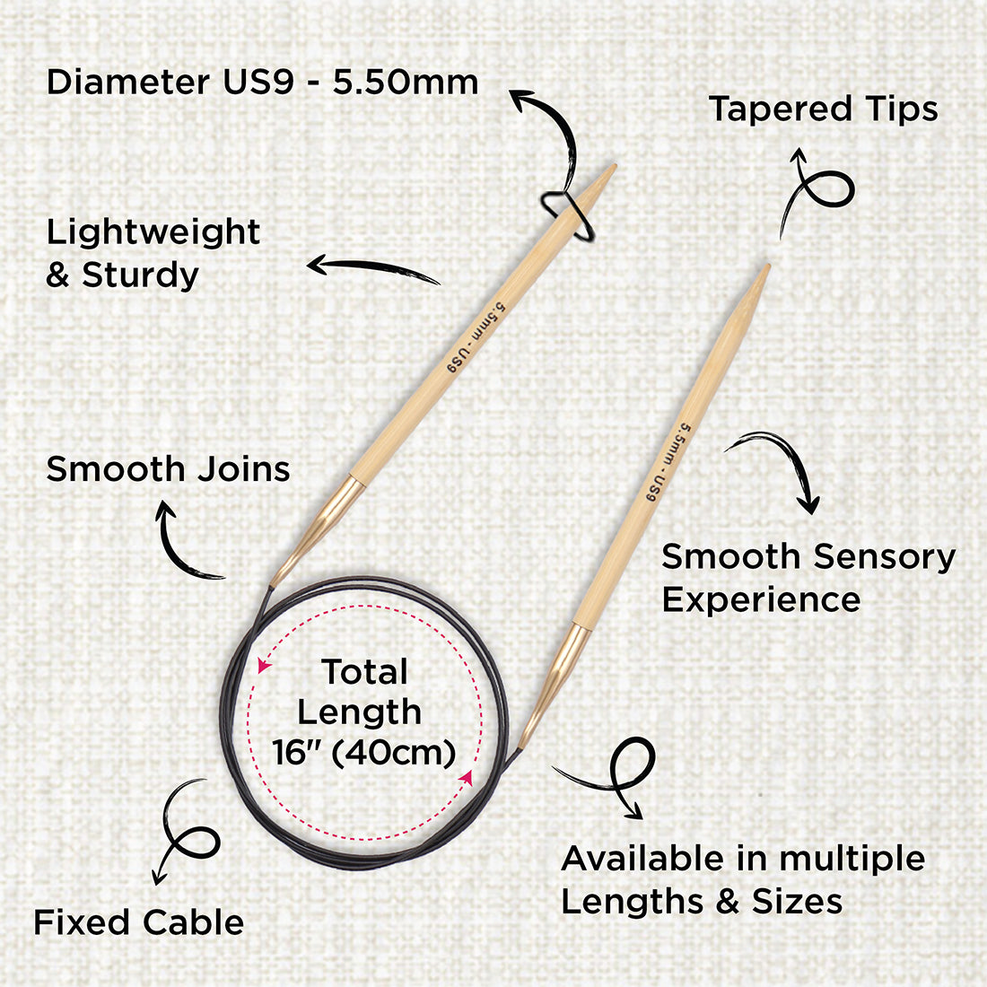 KnitPro bamboo fixed circular knitting needle with black nylon cable, 40cm, 5.5mm