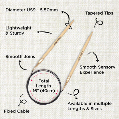KnitPro bamboo fixed circular knitting needle with black nylon cable, 40cm, 5.5mm