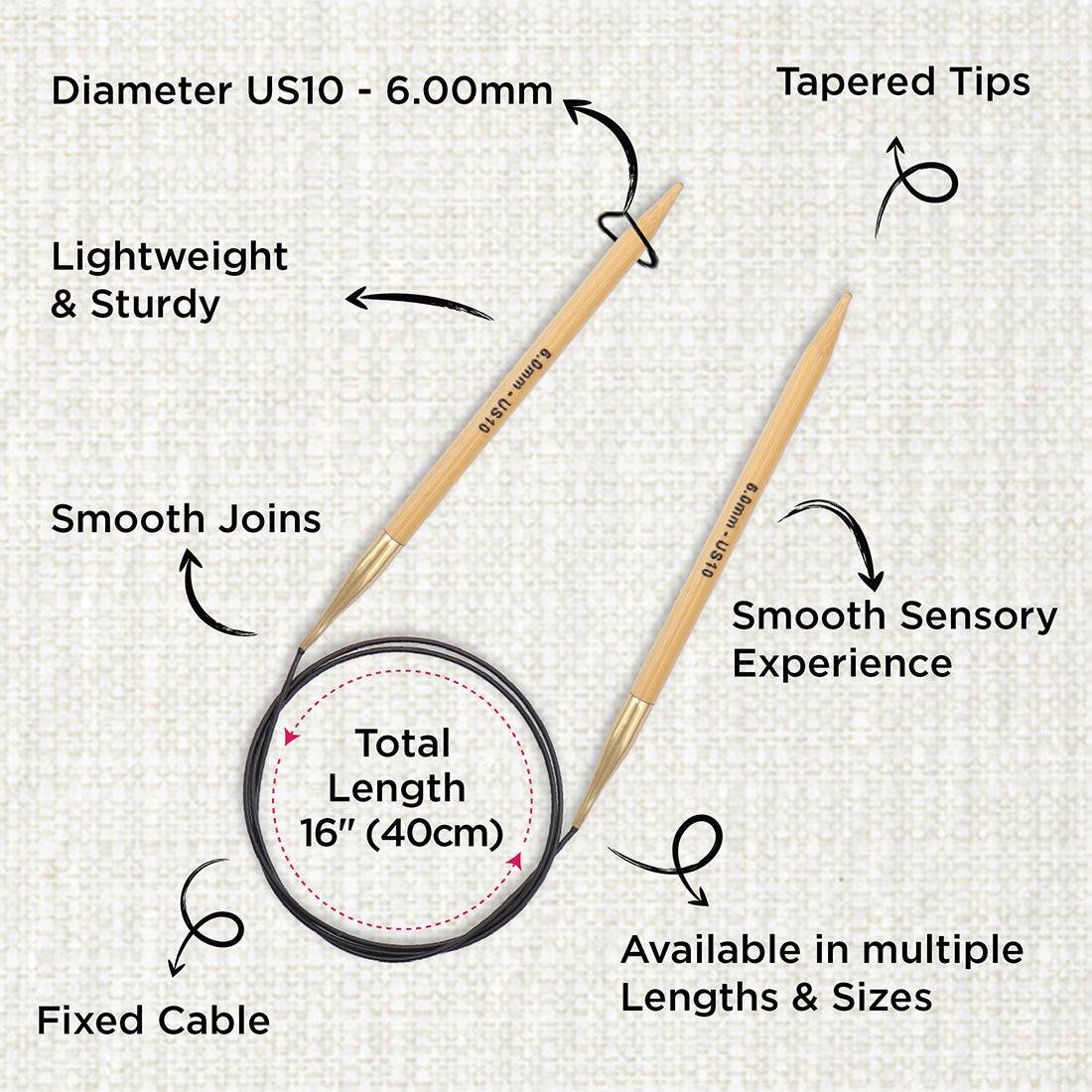 KnitPro bamboo fixed circular knitting needle with black nylon cable, 40cm, 6mm