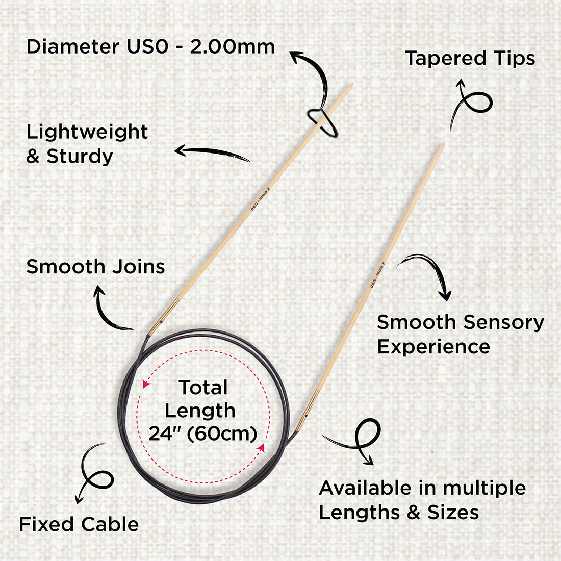 KnitPro bamboo fixed circular knitting needle with black nylon cable, 60cm, 2mm