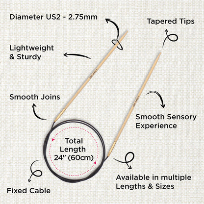 KnitPro bamboo fixed circular knitting needle with black nylon cable, 60cm, 2.75mm