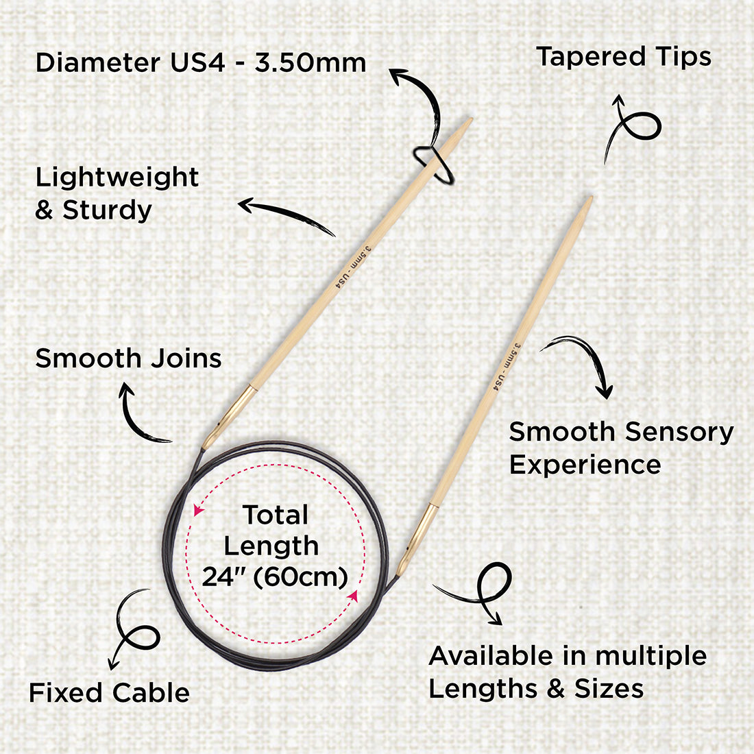 KnitPro bamboo fixed circular knitting needle with black nylon cable, 60cm, 3.5mm