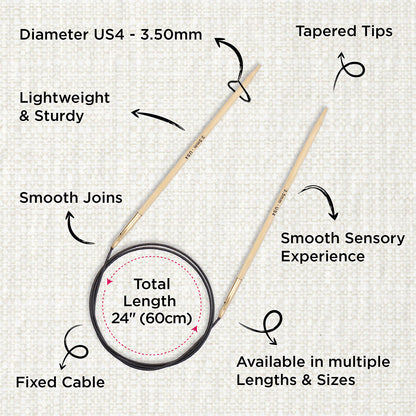 KnitPro bamboo fixed circular knitting needle with black nylon cable, 60cm, 3.5mm