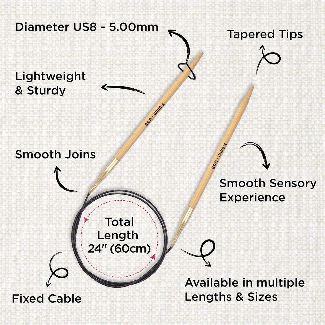 KnitPro bamboo fixed circular knitting needle with black nylon cable, 60cm, 5mm