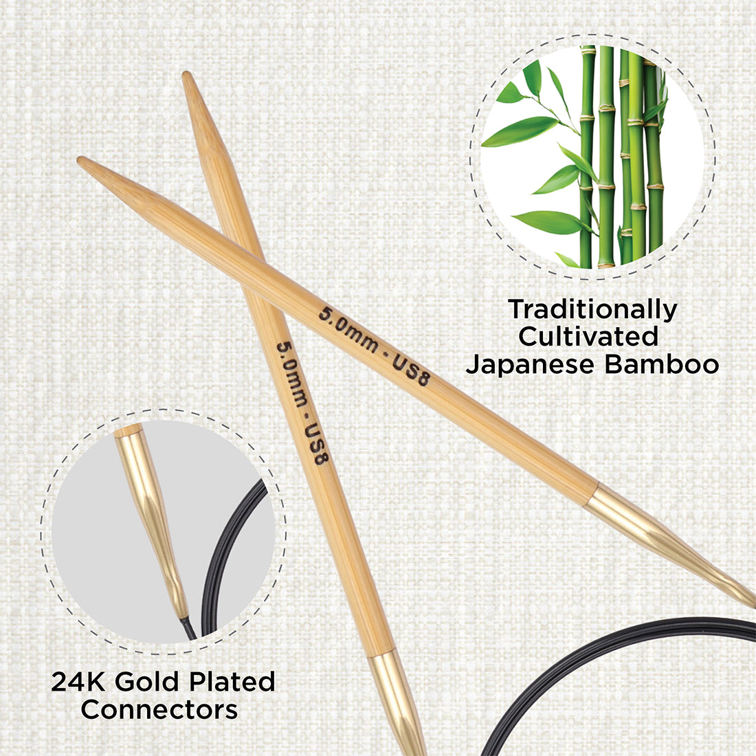 KnitPro bamboo fixed circular knitting needle with black nylon cable, 60cm, 5mm