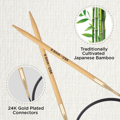 KnitPro bamboo fixed circular knitting needle with black nylon cable, 60cm, 5mm