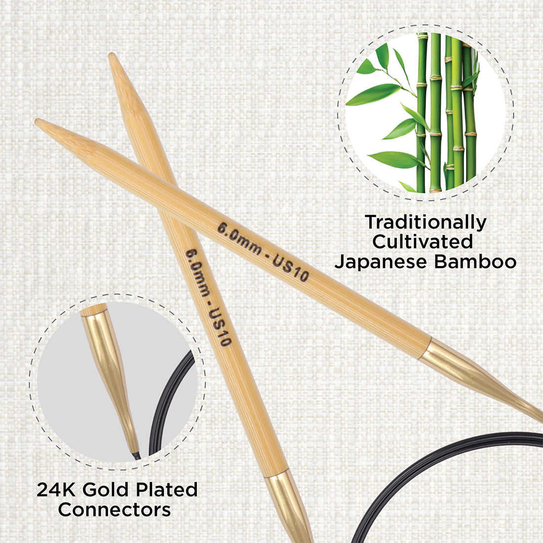 KnitPro bamboo fixed circular knitting needle with black nylon cable, 60cm, 6mm
