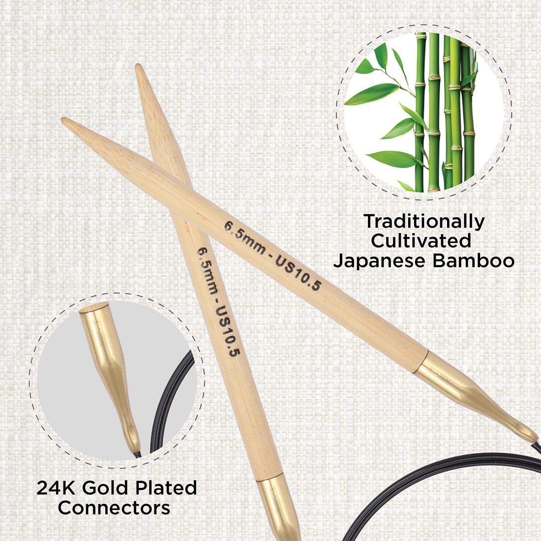 KnitPro bamboo fixed circular knitting needle with black nylon cable, 60cm, 6.5mm