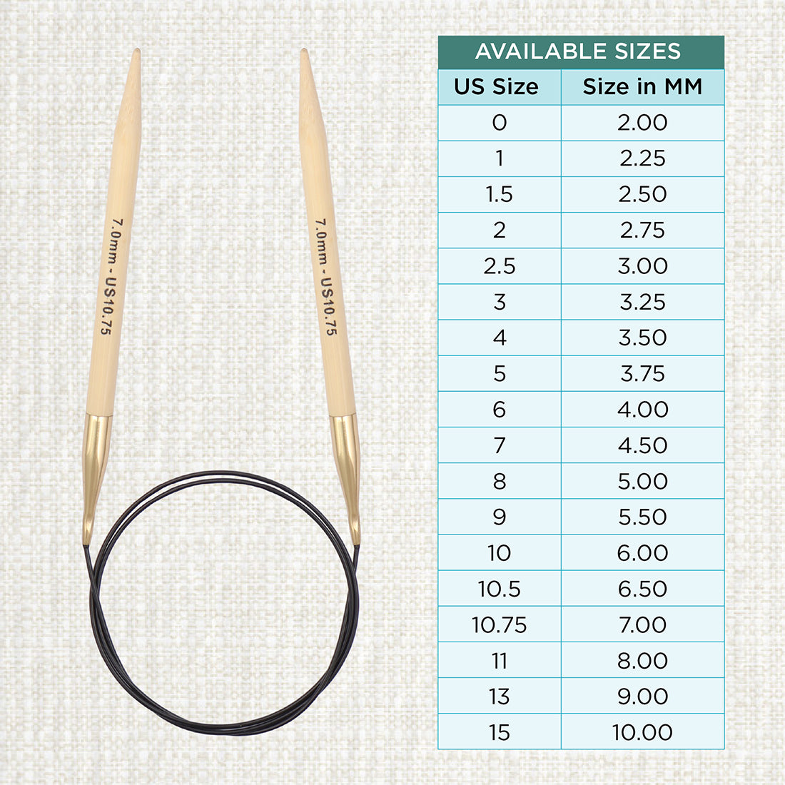 KnitPro bamboo fixed circular knitting needle with black nylon cable, 60cm, 7mm