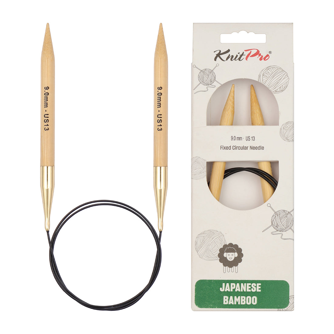 KnitPro bamboo fixed circular knitting needle with black nylon cable, 60cm, 9mm