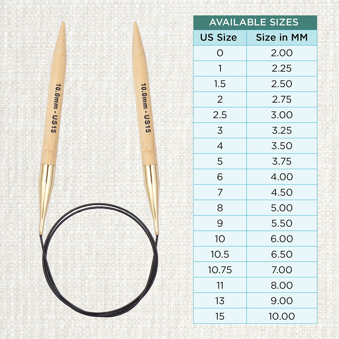 KnitPro bamboo fixed circular knitting needle with black nylon cable, 60cm, 10mm