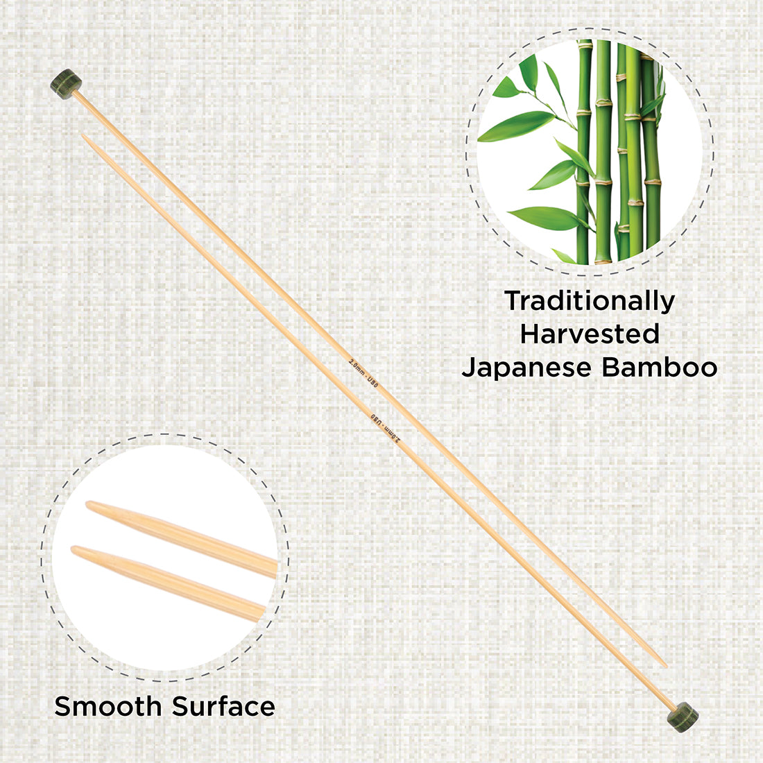 Pair of KnitPro bamboo single-ended knitting needles 2.0mm with green ends