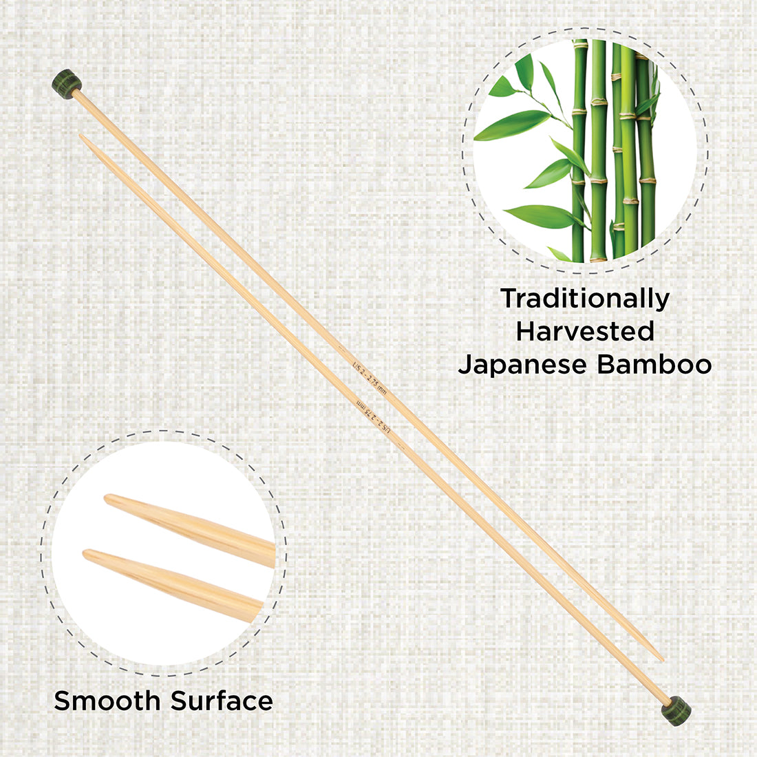 Pair of KnitPro 2.75mm bamboo single pointed knitting needles with green end caps