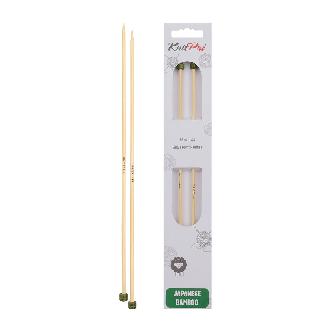 Pair of KnitPro 3.5mm bamboo single pointed knitting needles with green end caps