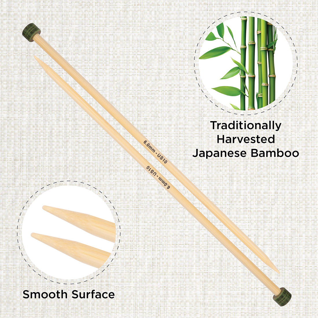 Pair of KnitPro 6mm bamboo single pointed knitting needles with green end caps