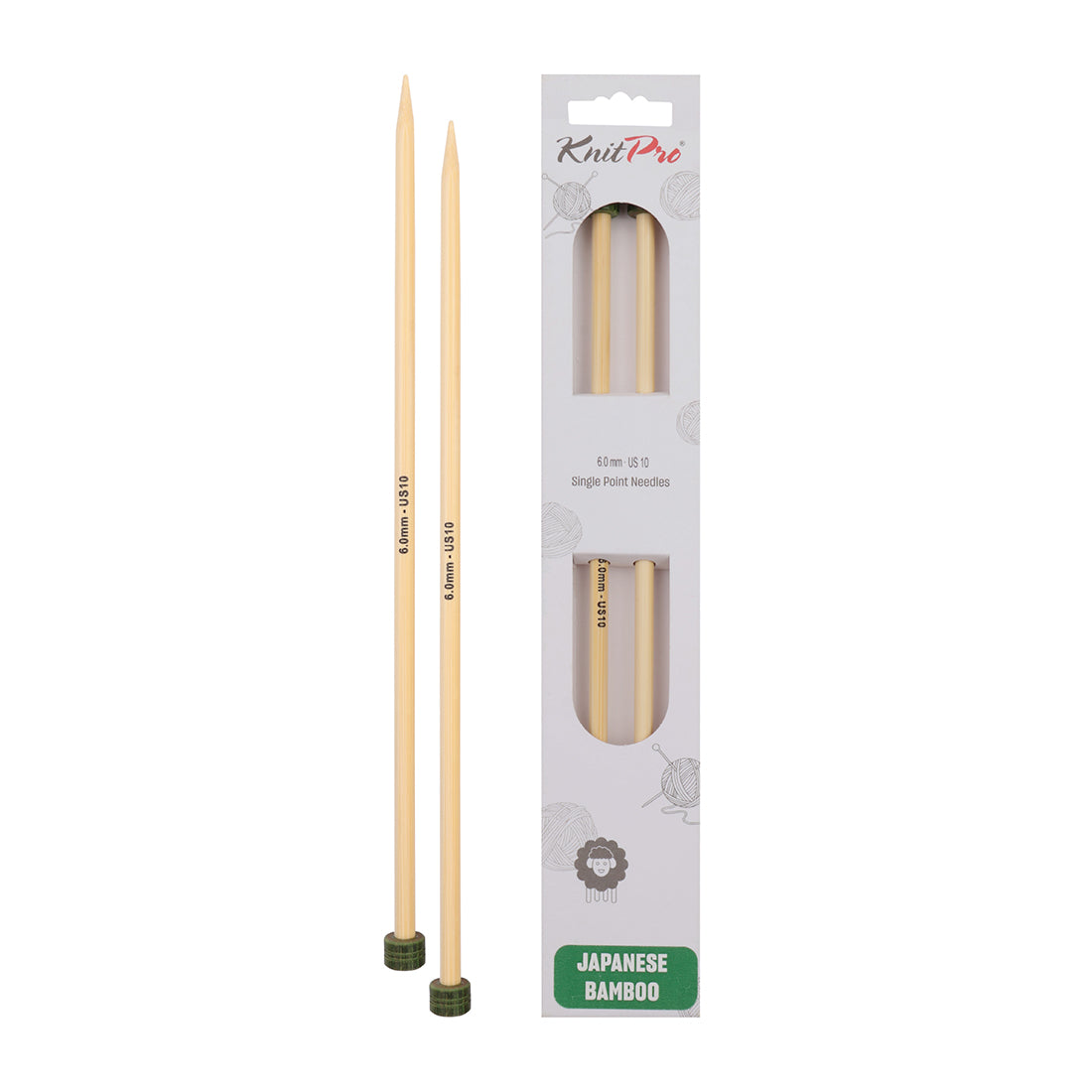 Pair of KnitPro 6mm bamboo single pointed knitting needles with green end caps