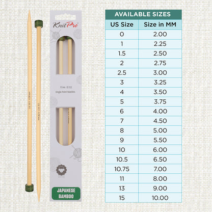 Pair of KnitPro 6.5mm bamboo single pointed knitting needles with green end caps