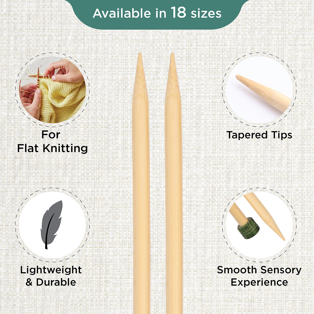 Pair of KnitPro 6.5mm bamboo single pointed knitting needles with green end caps