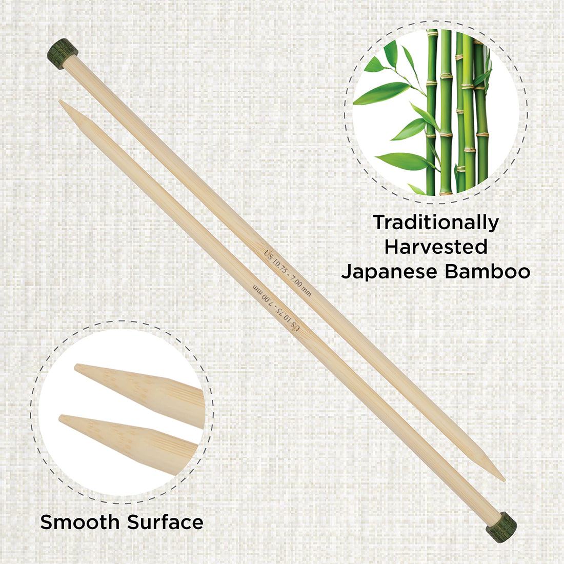 Pair of KnitPro 7mm bamboo single pointed knitting needles with green end caps