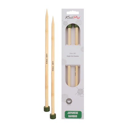 Pair of KnitPro 8mm bamboo single pointed knitting needles with green end caps