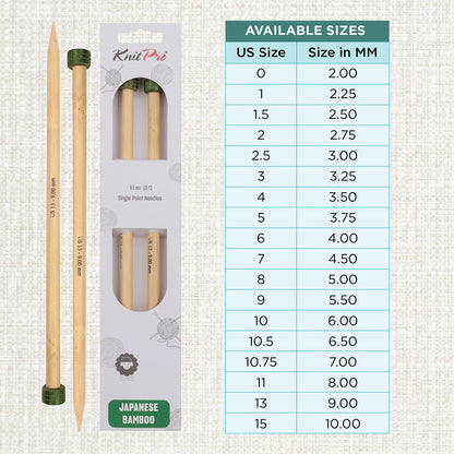 Pair of KnitPro 9mm bamboo single pointed knitting needles with green end caps