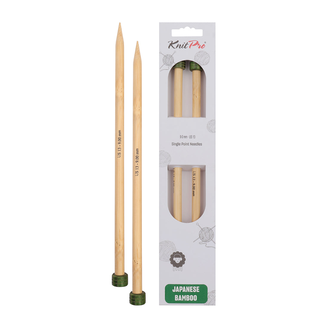 Pair of KnitPro 9mm bamboo single pointed knitting needles with green end caps