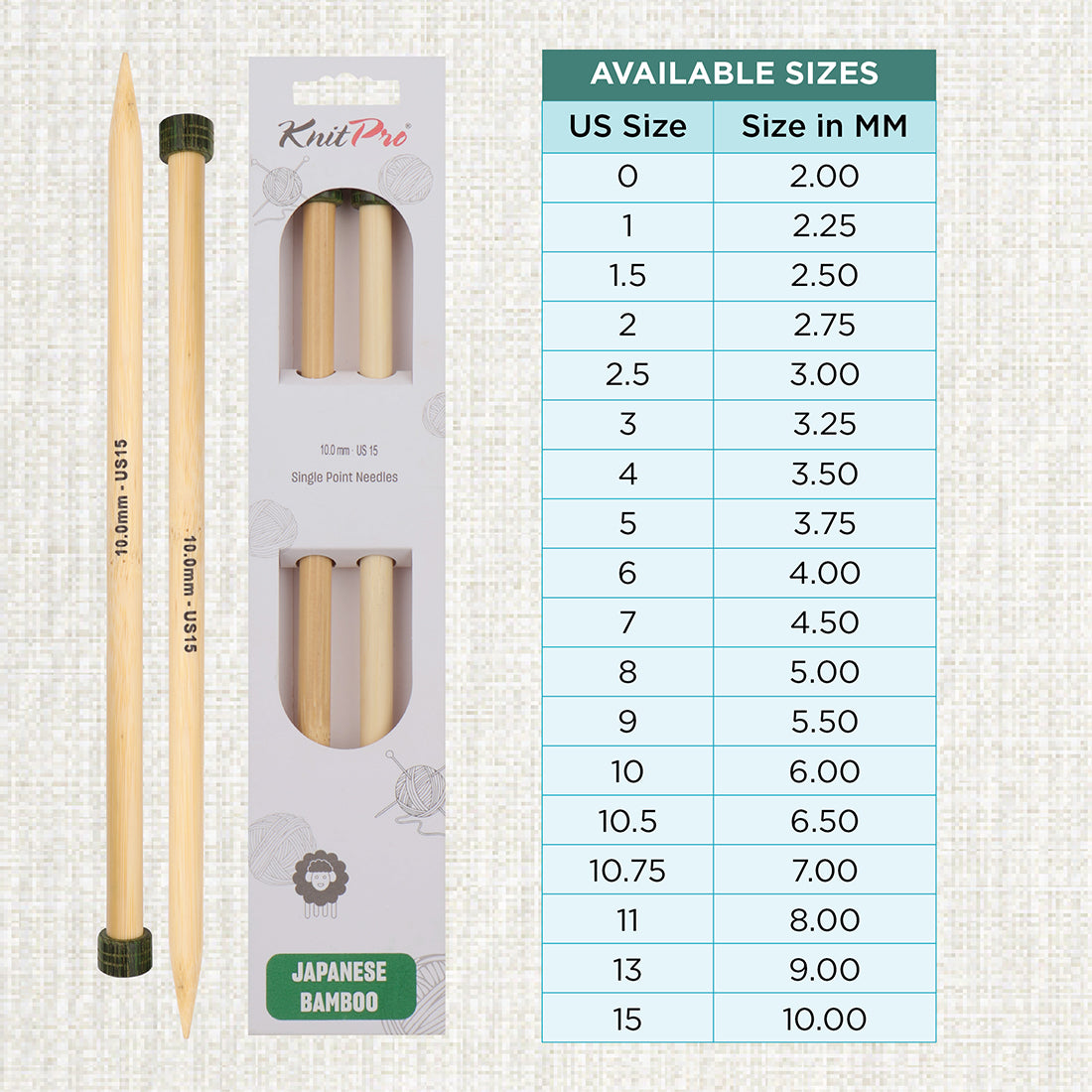 Pair of KnitPro 10mm bamboo single pointed knitting needles with green end caps