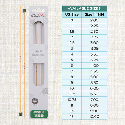 Pair of KnitPro 2.25mm bamboo single pointed knitting needles with green end caps