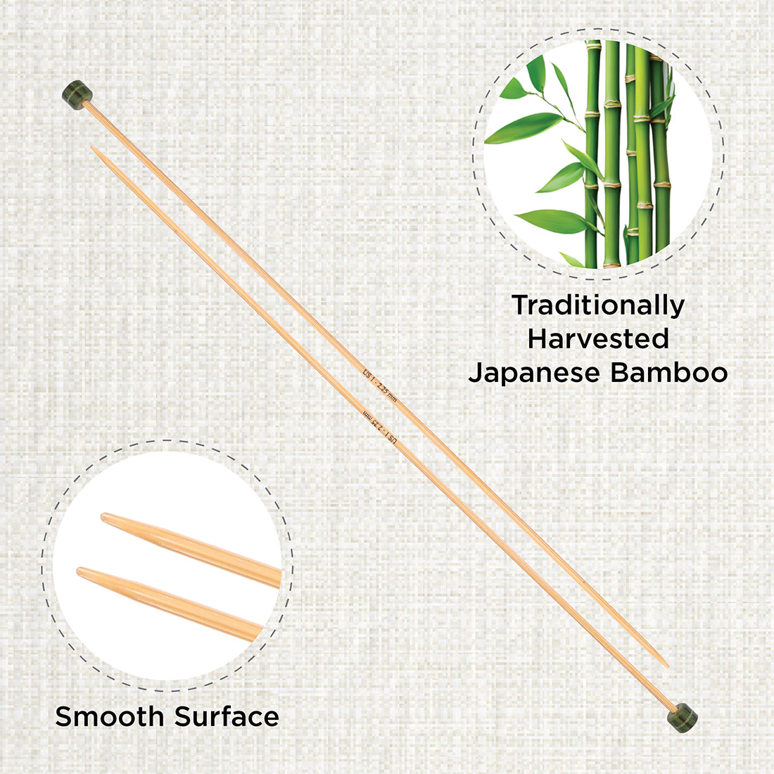 Pair of KnitPro 2.25mm bamboo single pointed knitting needles with green end caps