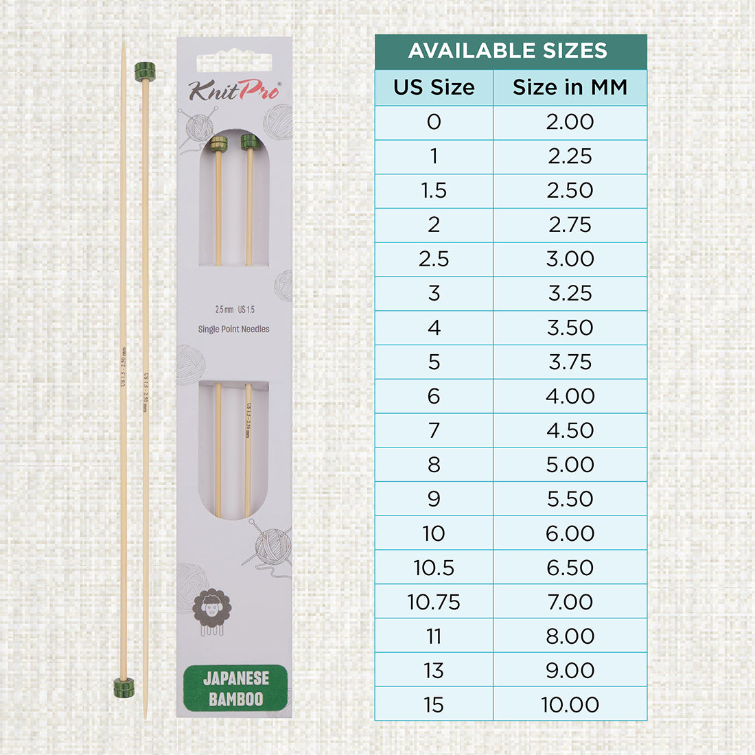 Pair of KnitPro 2.5mm bamboo single pointed knitting needles with green end caps