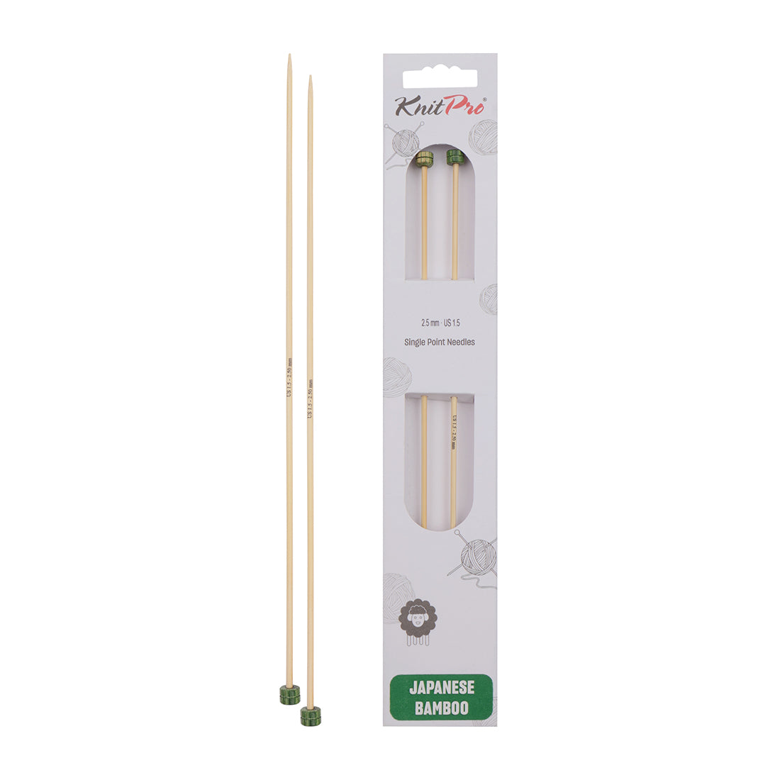 Pair of KnitPro 2.5mm bamboo single pointed knitting needles with green end caps