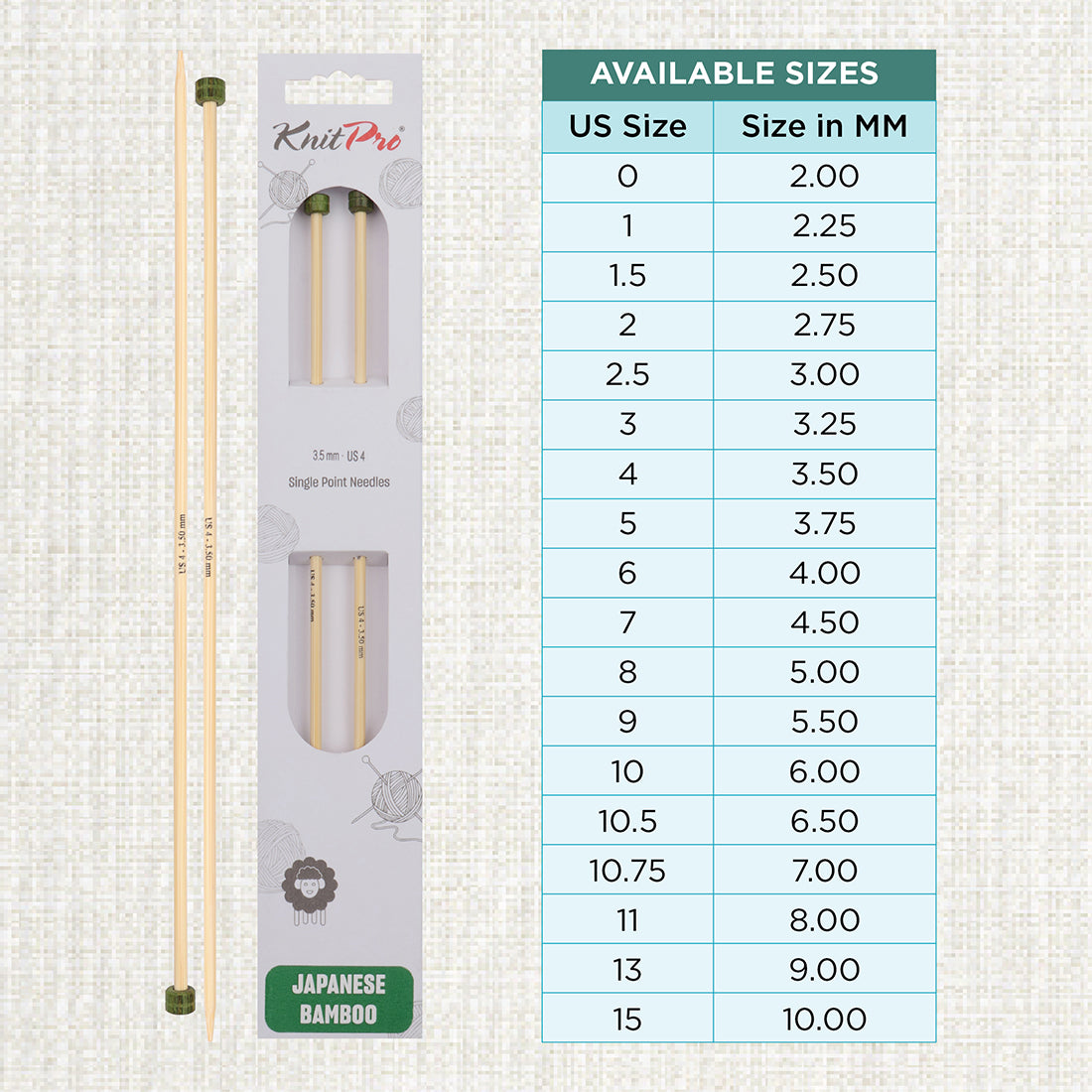Pair of KnitPro 3.5mm bamboo single pointed knitting needles with green end caps