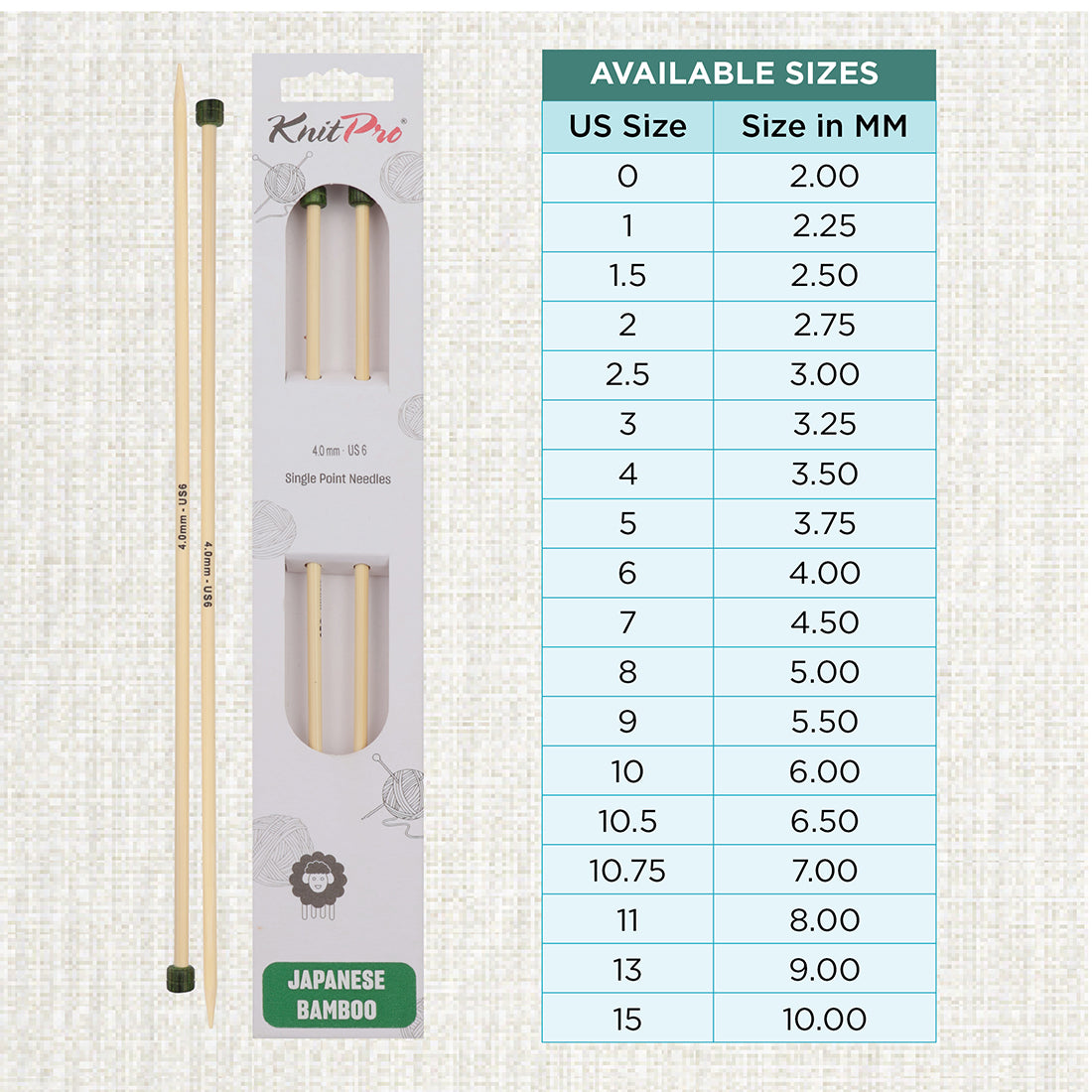 Pair of KnitPro 4mm bamboo single pointed knitting needles with green end caps