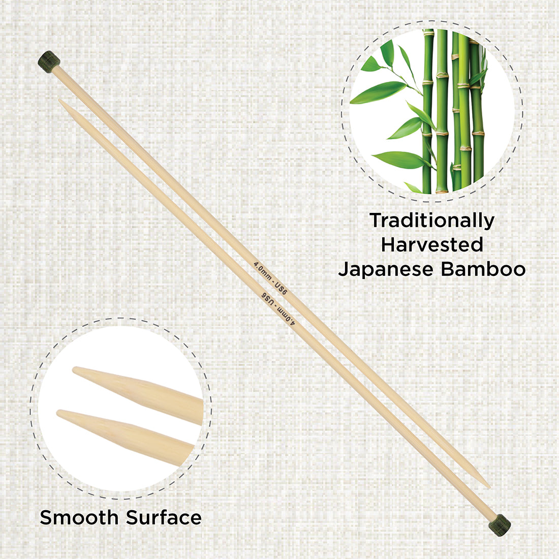 Pair of KnitPro 4mm bamboo single pointed knitting needles with green end caps