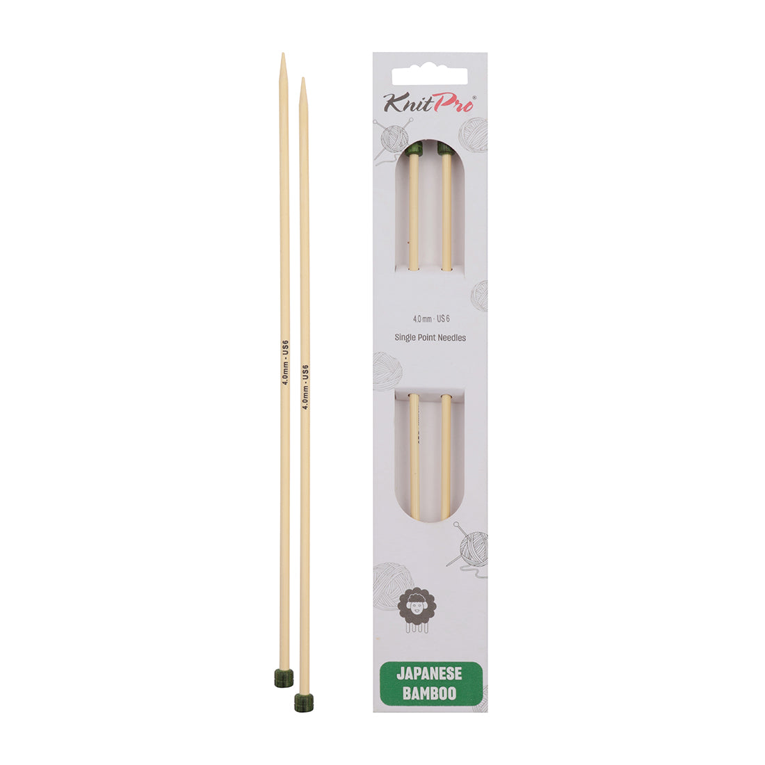 Pair of KnitPro 4mm bamboo single pointed knitting needles with green end caps