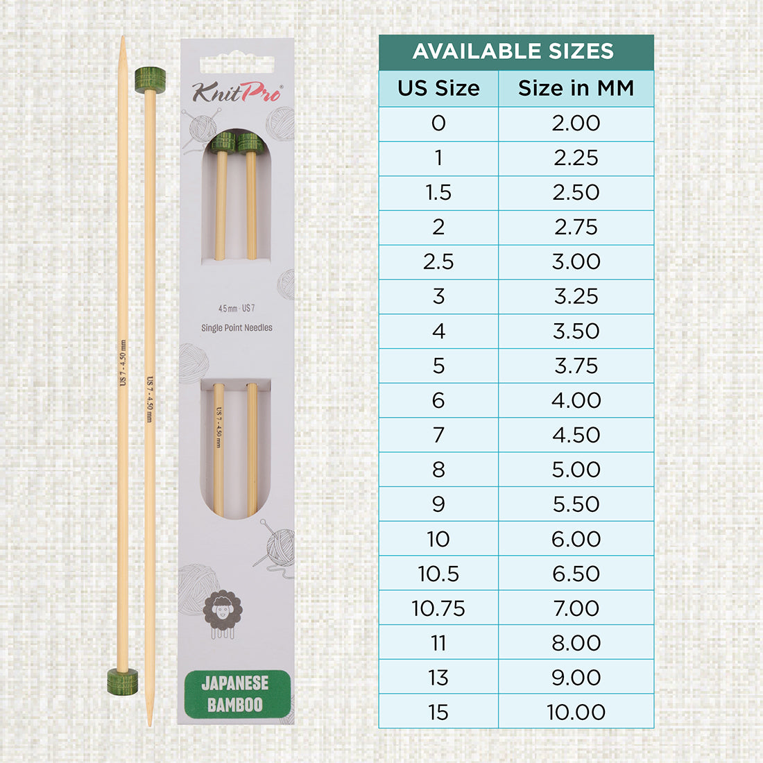 Pair of KnitPro 4.5mm bamboo single pointed knitting needles with green end caps