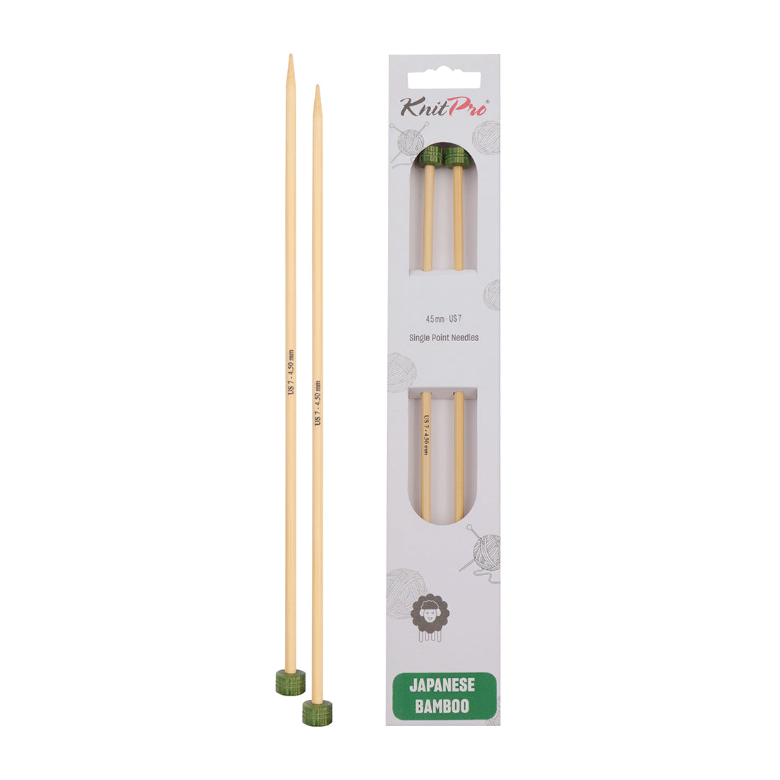 Pair of KnitPro 4.5mm bamboo single pointed knitting needles with green end caps