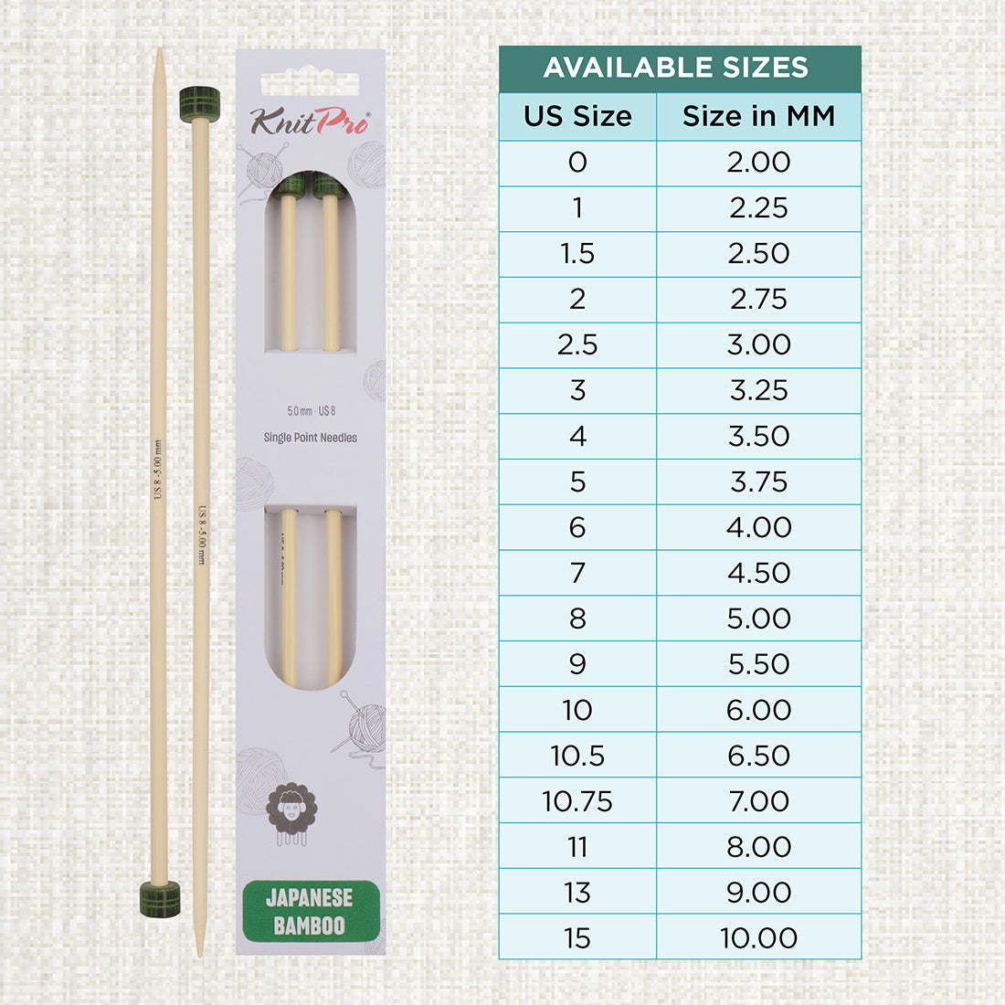 Pair of KnitPro 5mm bamboo single pointed knitting needles with green end caps