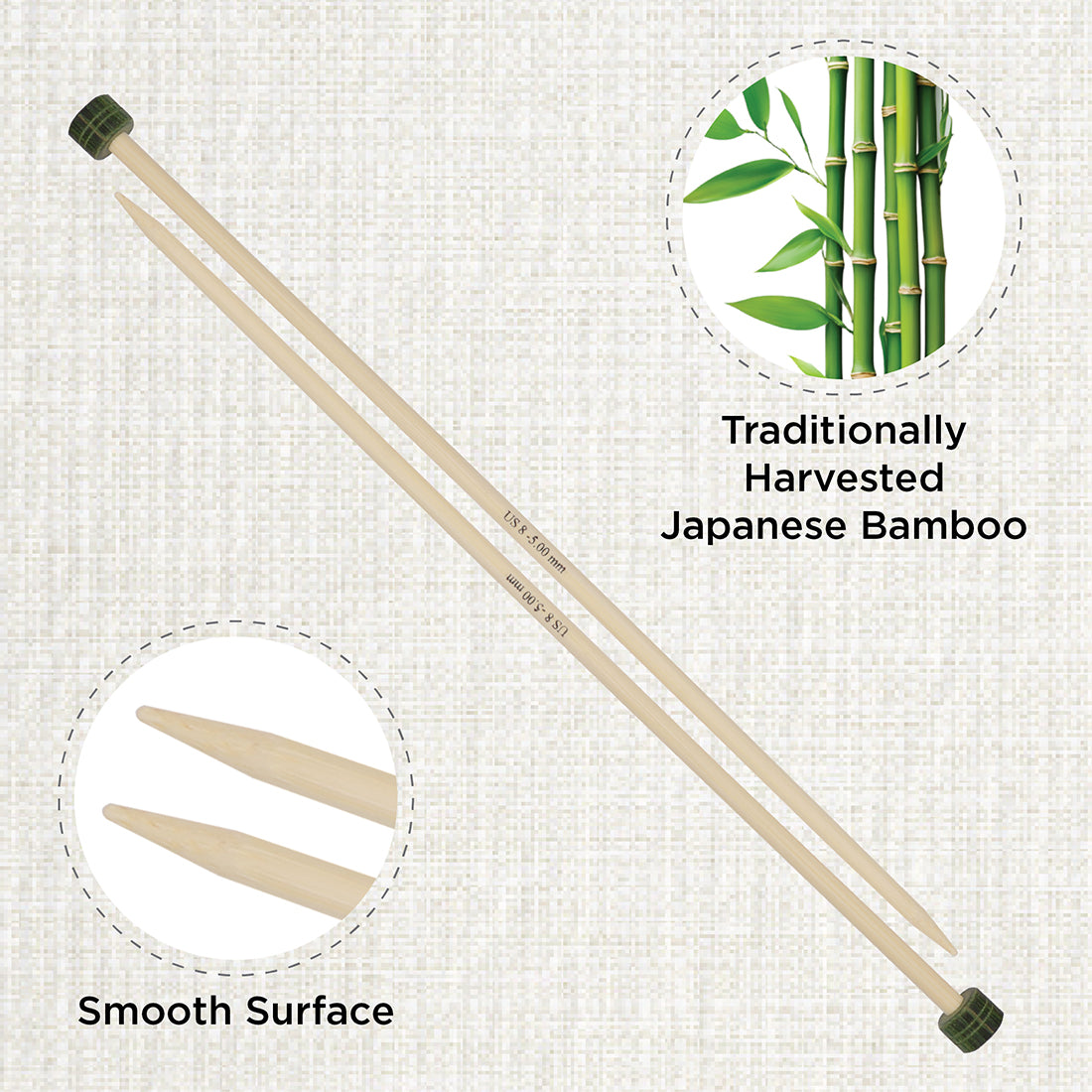 Pair of KnitPro 5mm bamboo single pointed knitting needles with green end caps