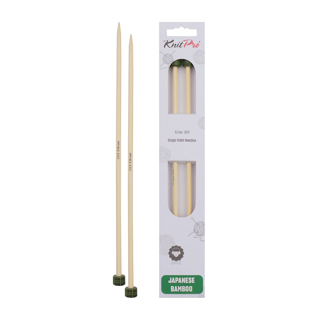Pair of KnitPro 5mm bamboo single pointed knitting needles with green end caps