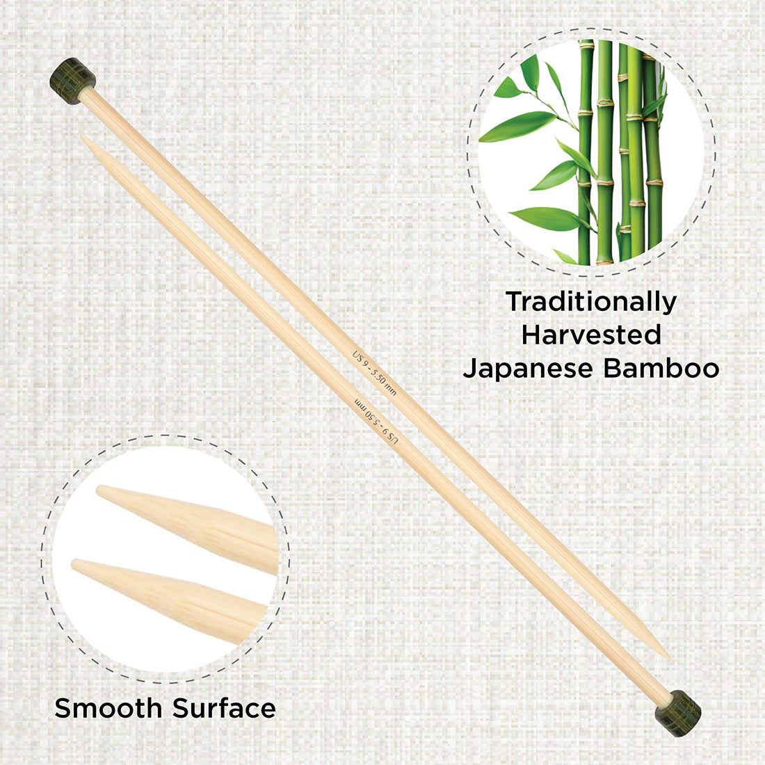 Pair of KnitPro 5.5mm bamboo single pointed knitting needles with green end caps