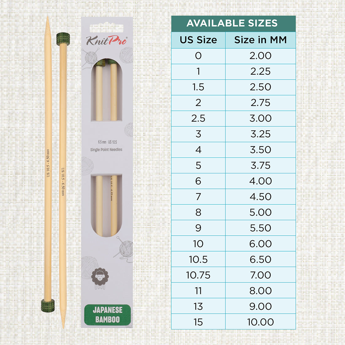 Pair of KnitPro 6.5mm bamboo single pointed knitting needles with green end caps