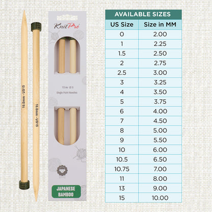 Pair of KnitPro 10mm bamboo single pointed knitting needles with green end caps