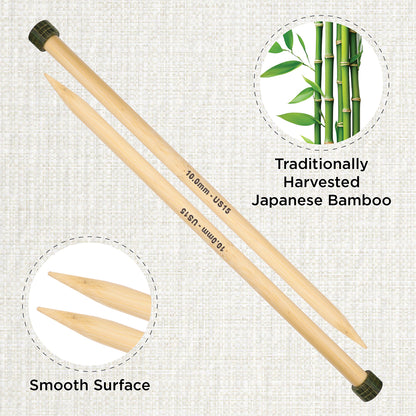Pair of KnitPro 10mm bamboo single pointed knitting needles with green end caps