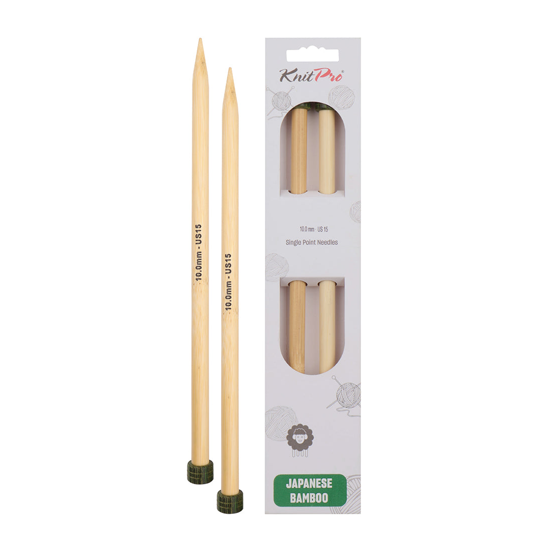 Pair of KnitPro 10mm bamboo single pointed knitting needles with green end caps