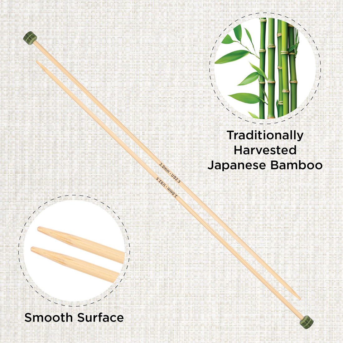 Pair of KnitPro 3mm bamboo single pointed knitting needles with green end caps