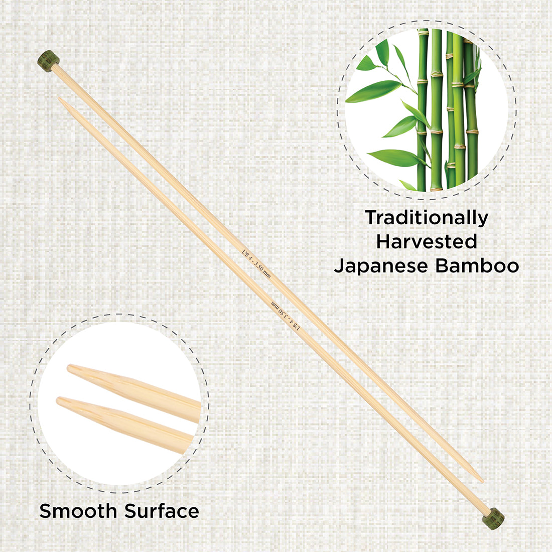 Pair of KnitPro 3.5mm bamboo single pointed knitting needles with green end caps