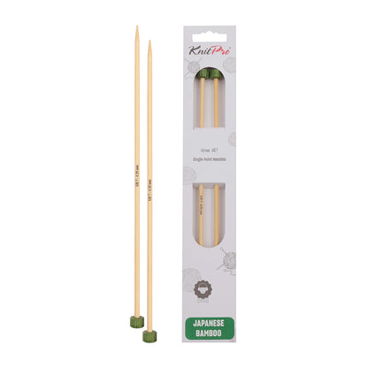 Pair of KnitPro 33cm bamboo knitting needles in 4.5mm with green heads